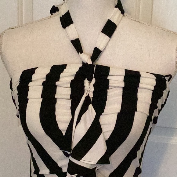 Cache Vintage Black & White Striped Strapless Dress w/ Tie in Back & Ruffle Trim - Picture 1 of 9